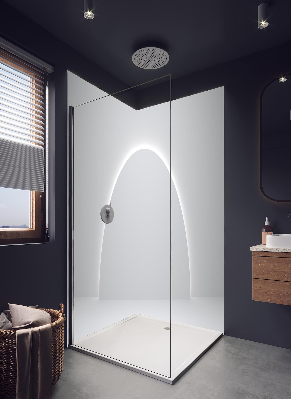 Duschrückwand - 3D Weiß-Grau Minimal Design Podest in hellem Badezimmer mit Regenduschkopf - zweiteilige Eck-Duschrückwand