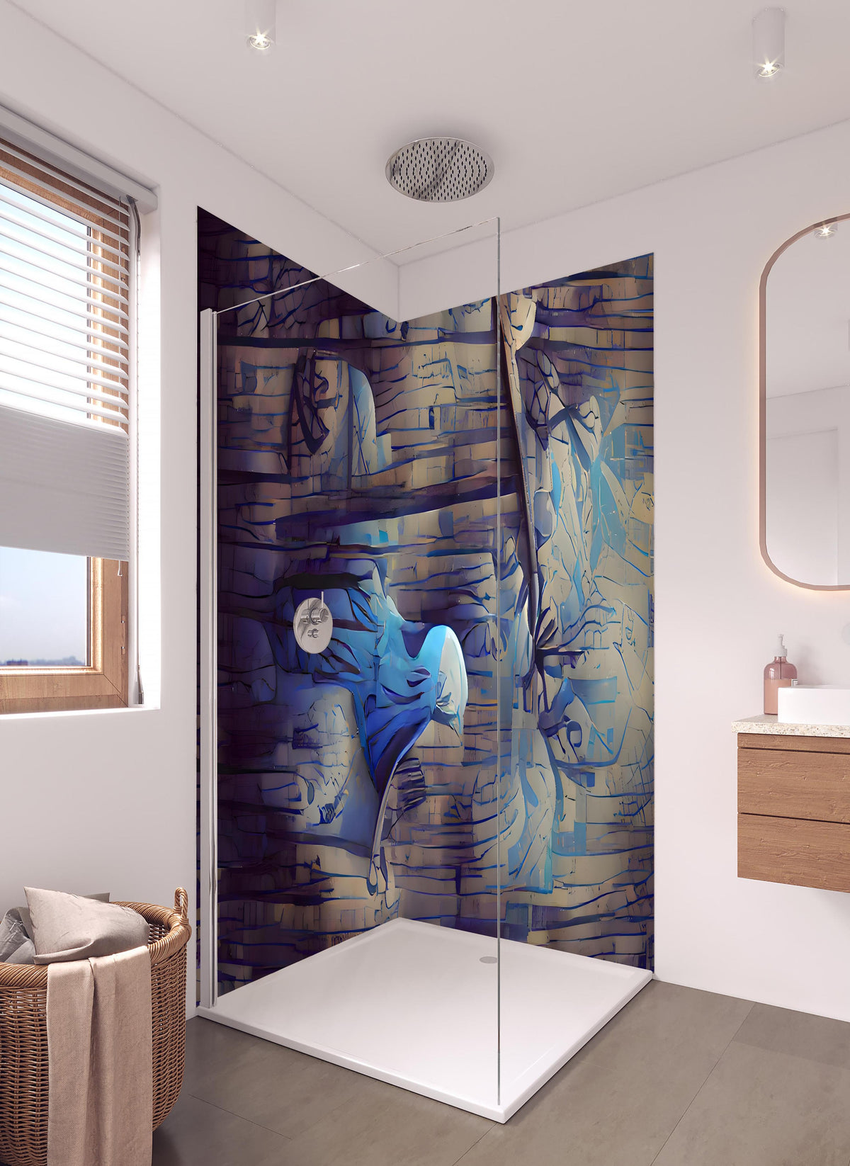 Duschrückwand - Abstrakte blaue Holztextur in hellem Badezimmer mit Regenduschkopf - zweiteilige Eck-Duschrückwand