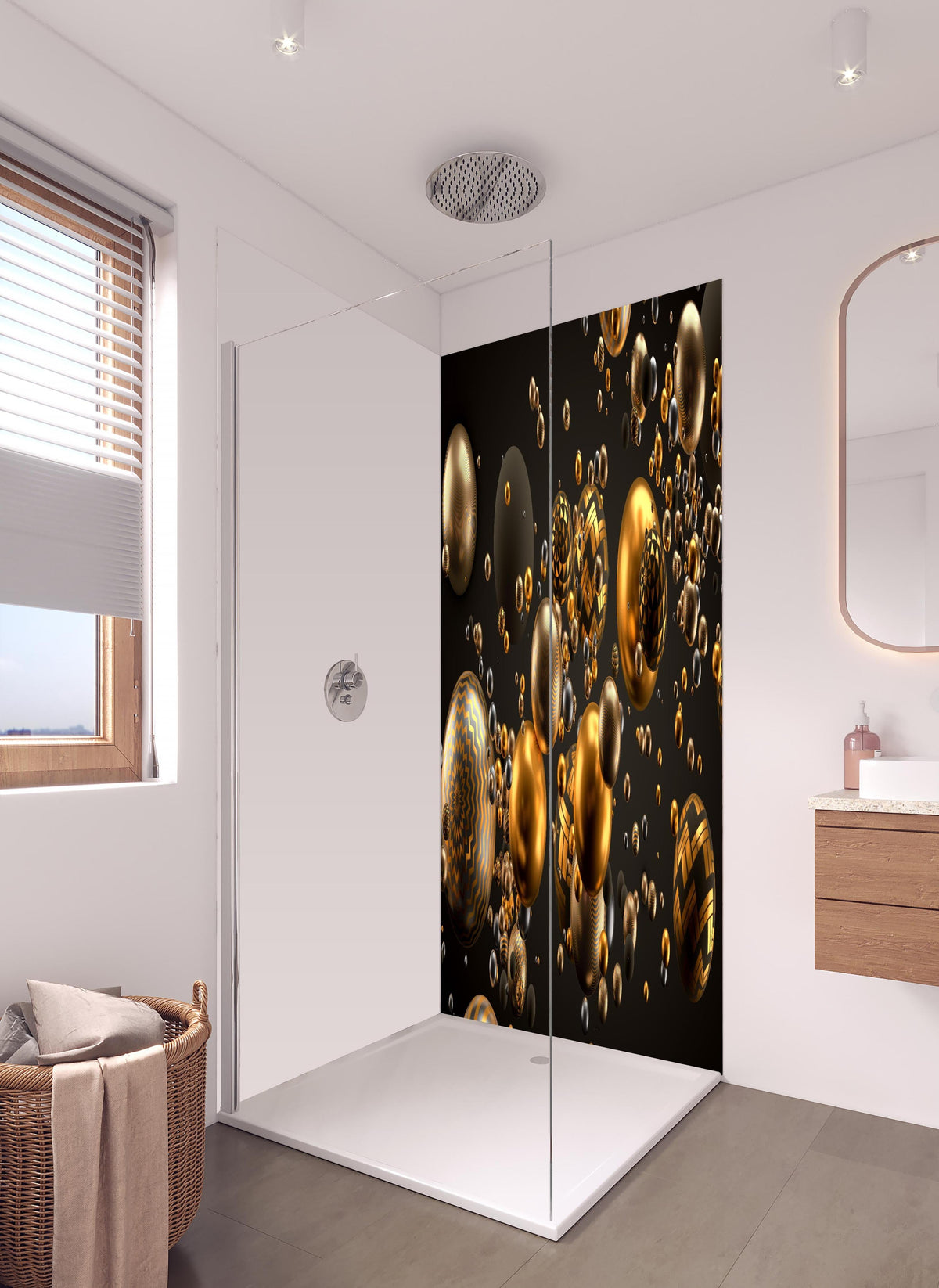 Duschrückwand - Abstrakter Hintergrund mit Bällen in hellem Badezimmer mit Regenduschkopf - zweiteilige Eck-Duschrückwand