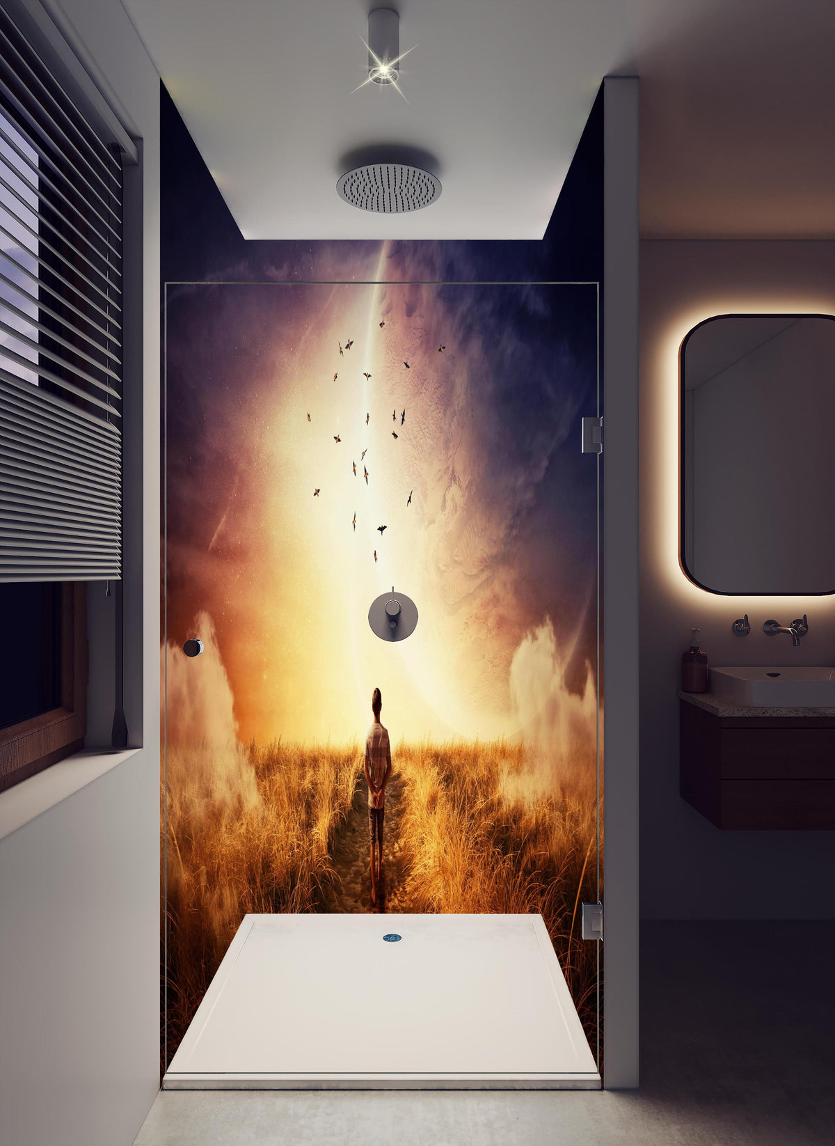 Duschrückwand - Abstrakter kosmischer Ausblick in hellem Badezimmer mit Regenduschkopf - zweiteilige Eck-Duschrückwand
