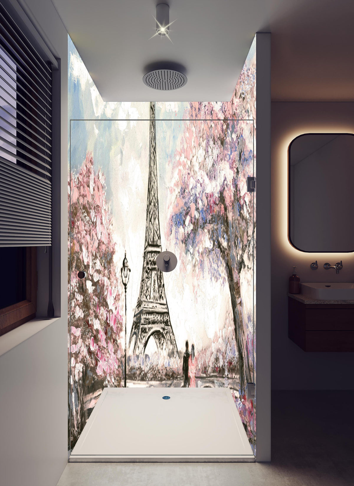 Duschrückwand - Acrylgemälde eines Paares in Paris in hellem Badezimmer mit Regenduschkopf - zweiteilige Eck-Duschrückwand