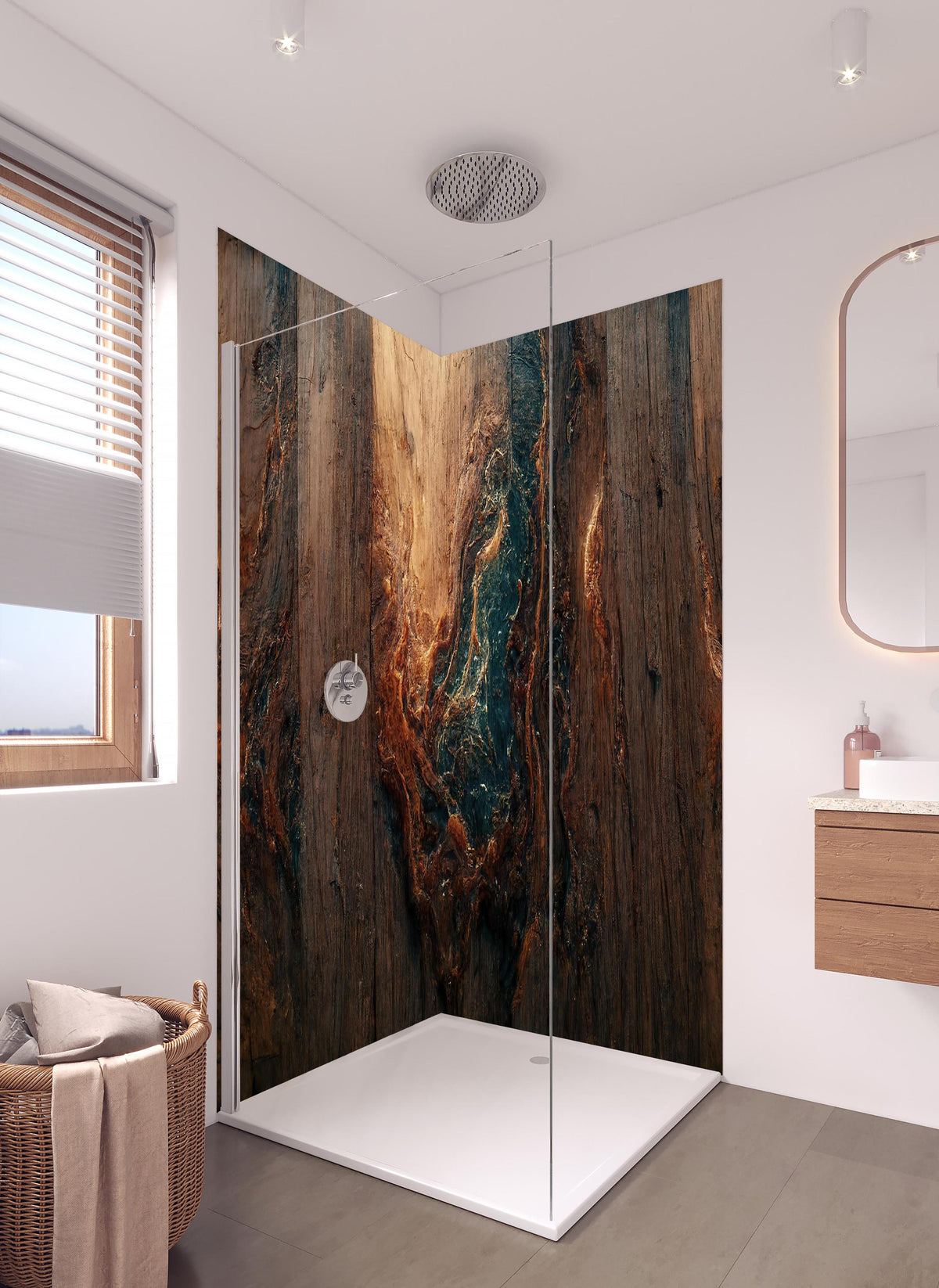 Duschrückwand - Alter Holzhintergrund mit blauem Harz in hellem Badezimmer mit Regenduschkopf - zweiteilige Eck-Duschrückwand