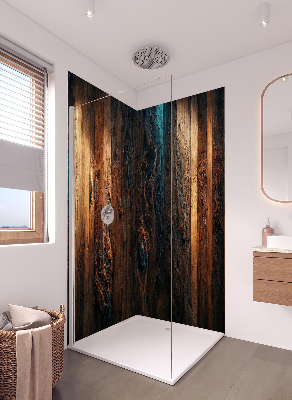 Duschrückwand - Altholz Tischplatte mit blauem Epoxy in hellem Badezimmer mit Regenduschkopf - zweiteilige Eck-Duschrückwand