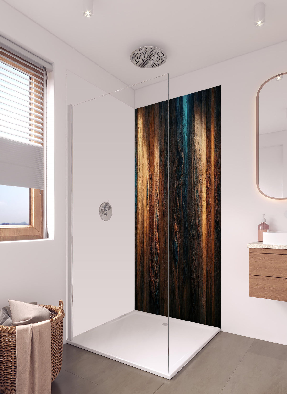 Duschrückwand - Altholz Tischplatte mit blauem Epoxy in hellem Badezimmer mit Regenduschkopf - zweiteilige Eck-Duschrückwand