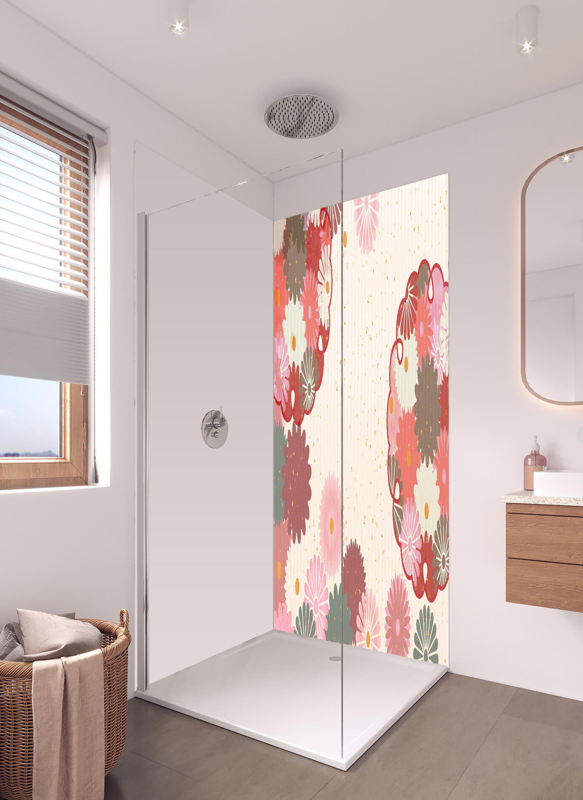 Duschrückwand - Beige-Rosa Blumenmuster Illustration in hellem Badezimmer mit Regenduschkopf - zweiteilige Eck-Duschrückwand