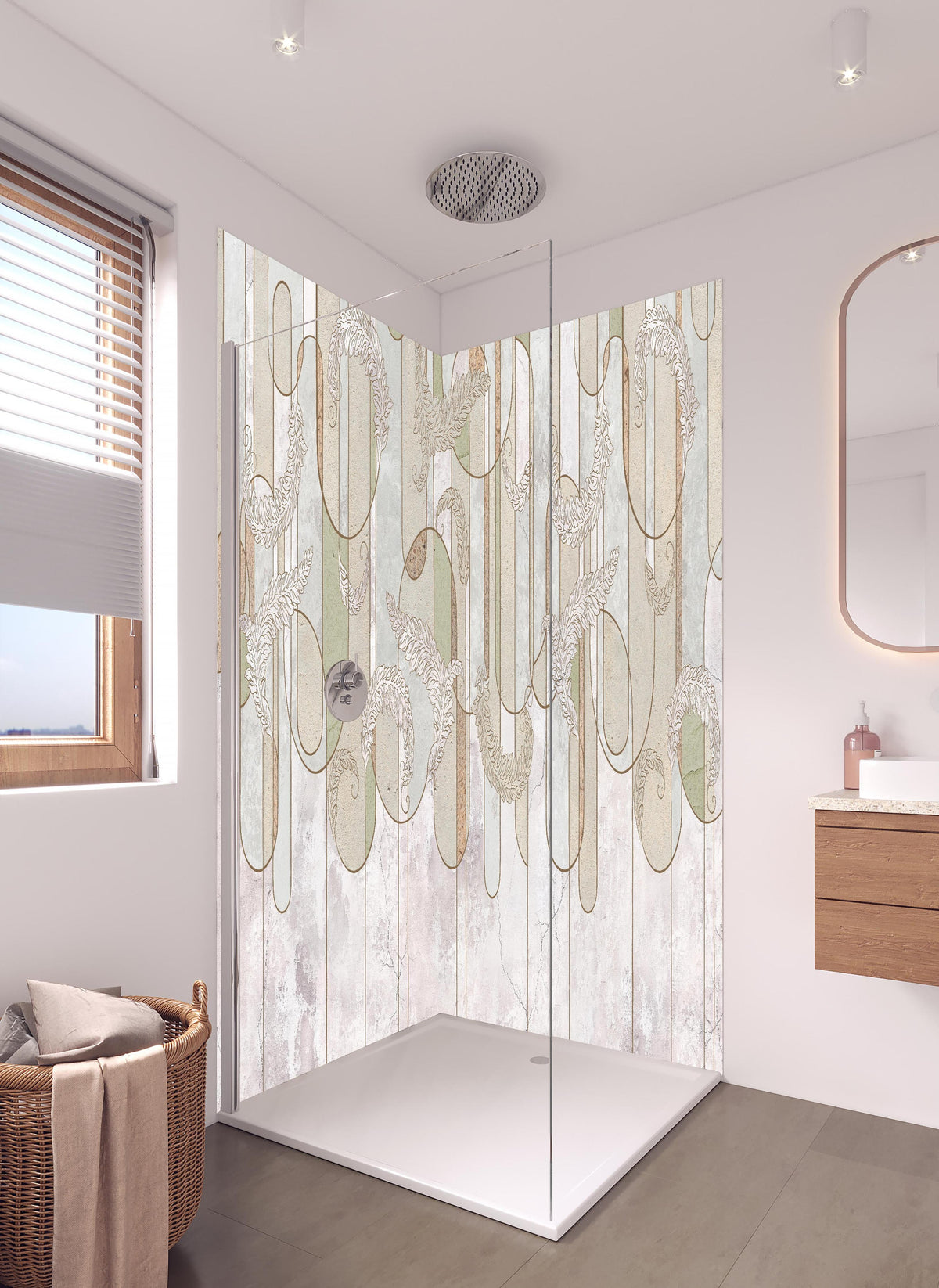 Duschrückwand - Blumiges Loft Design in hellem Badezimmer mit Regenduschkopf - zweiteilige Eck-Duschrückwand