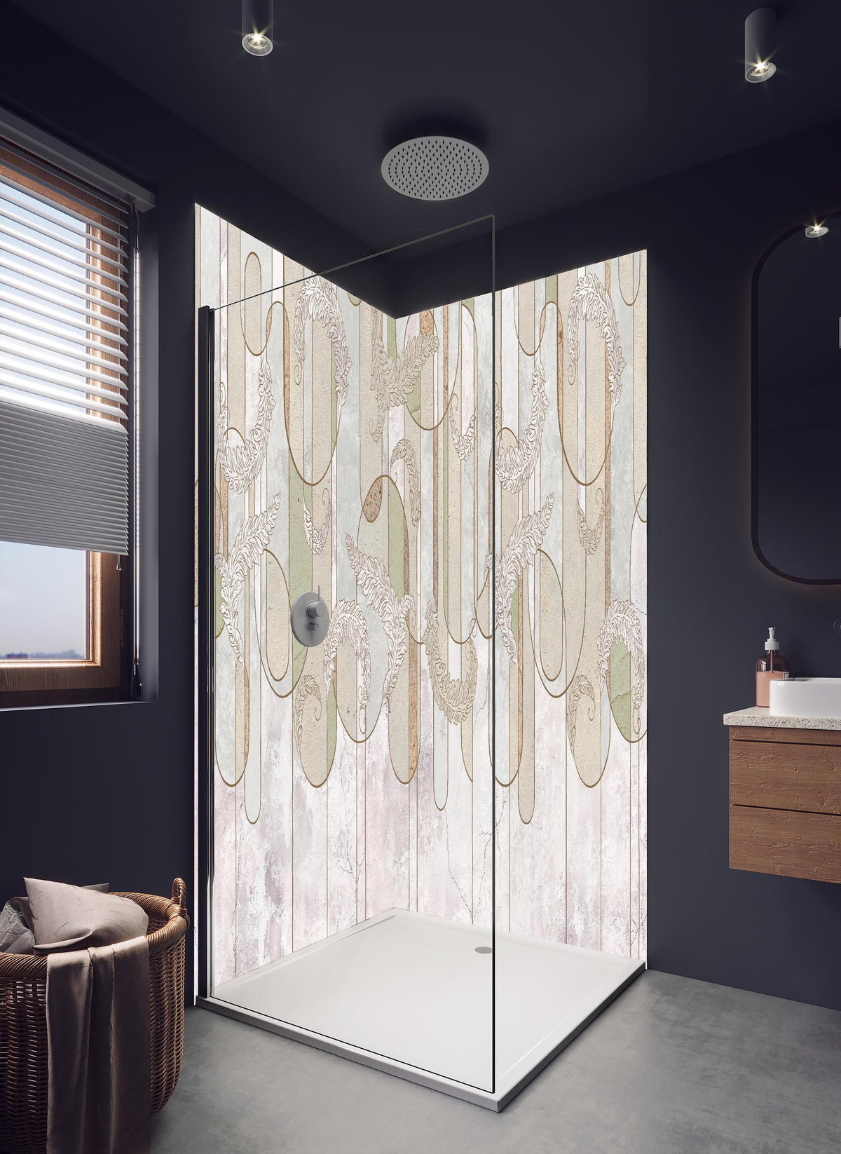Duschrückwand - Blumiges Loft Design in hellem Badezimmer mit Regenduschkopf - zweiteilige Eck-Duschrückwand