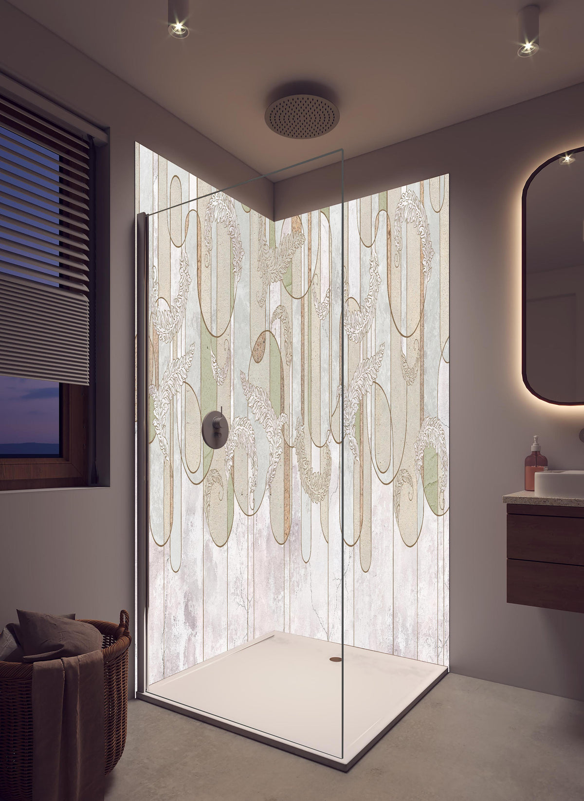 Duschrückwand - Blumiges Loft Design in hellem Badezimmer mit Regenduschkopf - zweiteilige Eck-Duschrückwand