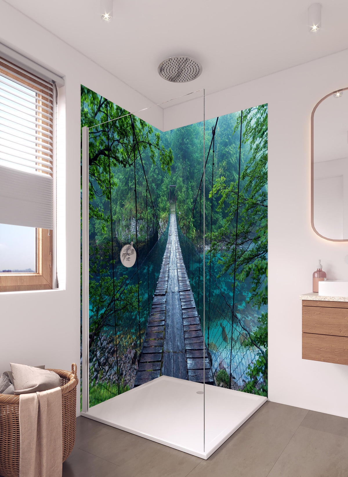 Duschrückwand - Brücke über Kristallklarem Fluss in hellem Badezimmer mit Regenduschkopf - zweiteilige Eck-Duschrückwand