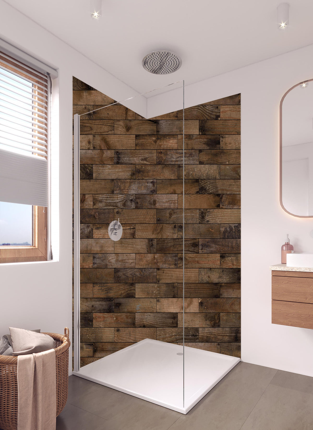 Duschrückwand - Dunkles Holzmuster in hellem Badezimmer mit Regenduschkopf - zweiteilige Eck-Duschrückwand