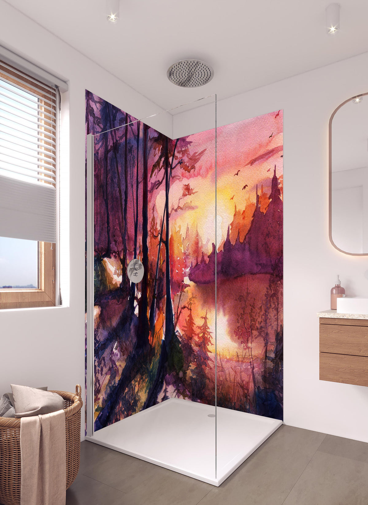 Duschrückwand - Aquarell Waldlandschaft Malerei in hellem Badezimmer mit Regenduschkopf - zweiteilige Eck-Duschrückwand