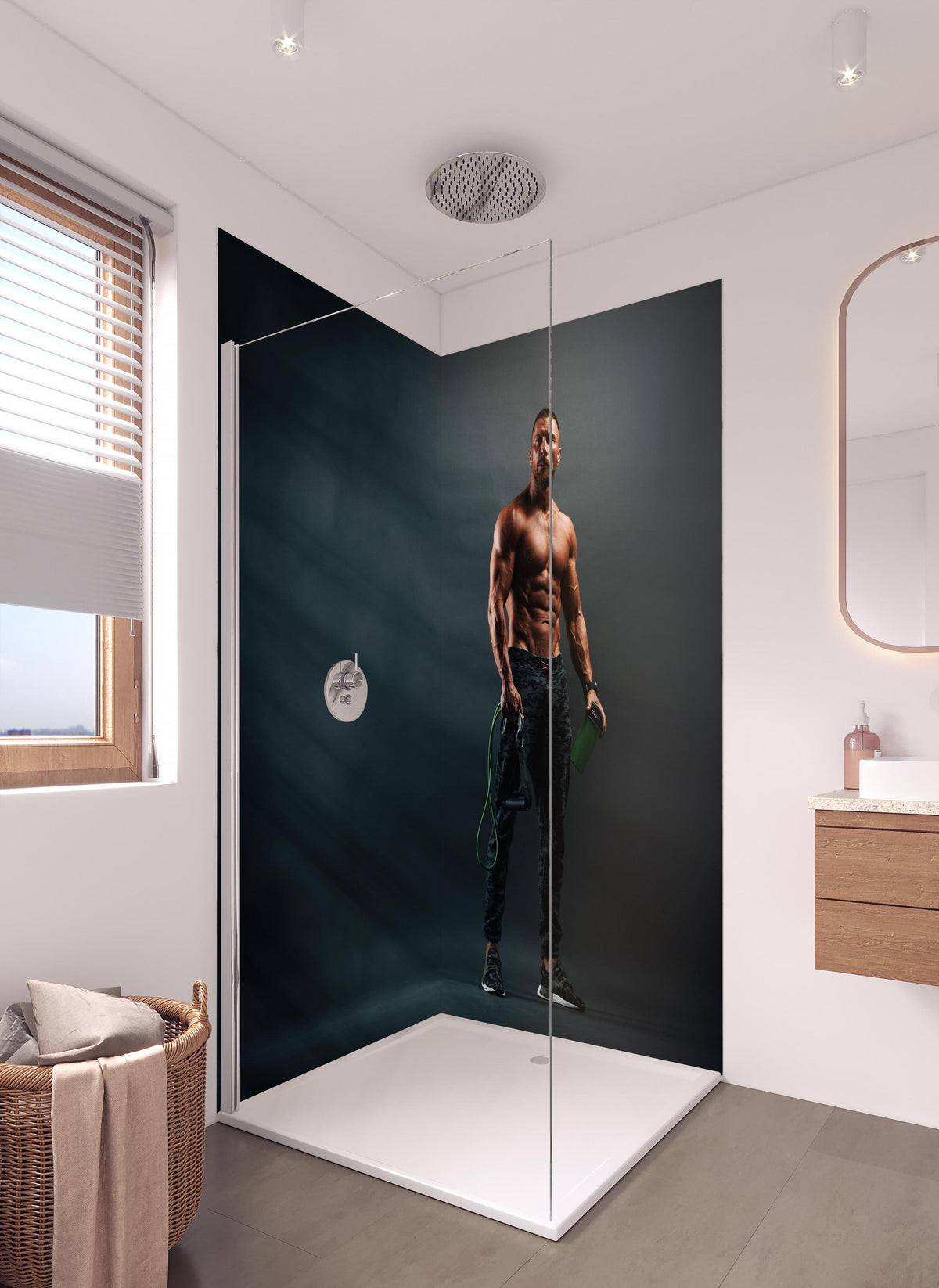 Duschrückwand - Bodybuilder - Training in hellem Badezimmer mit Regenduschkopf - zweiteilige Eck-Duschrückwand