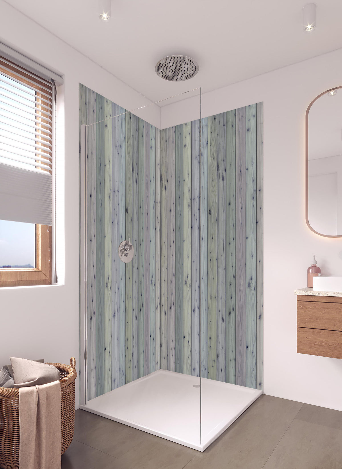 Duschrückwand - Bunte Holz Wand Textur in hellem Badezimmer mit Regenduschkopf - zweiteilige Eck-Duschrückwand