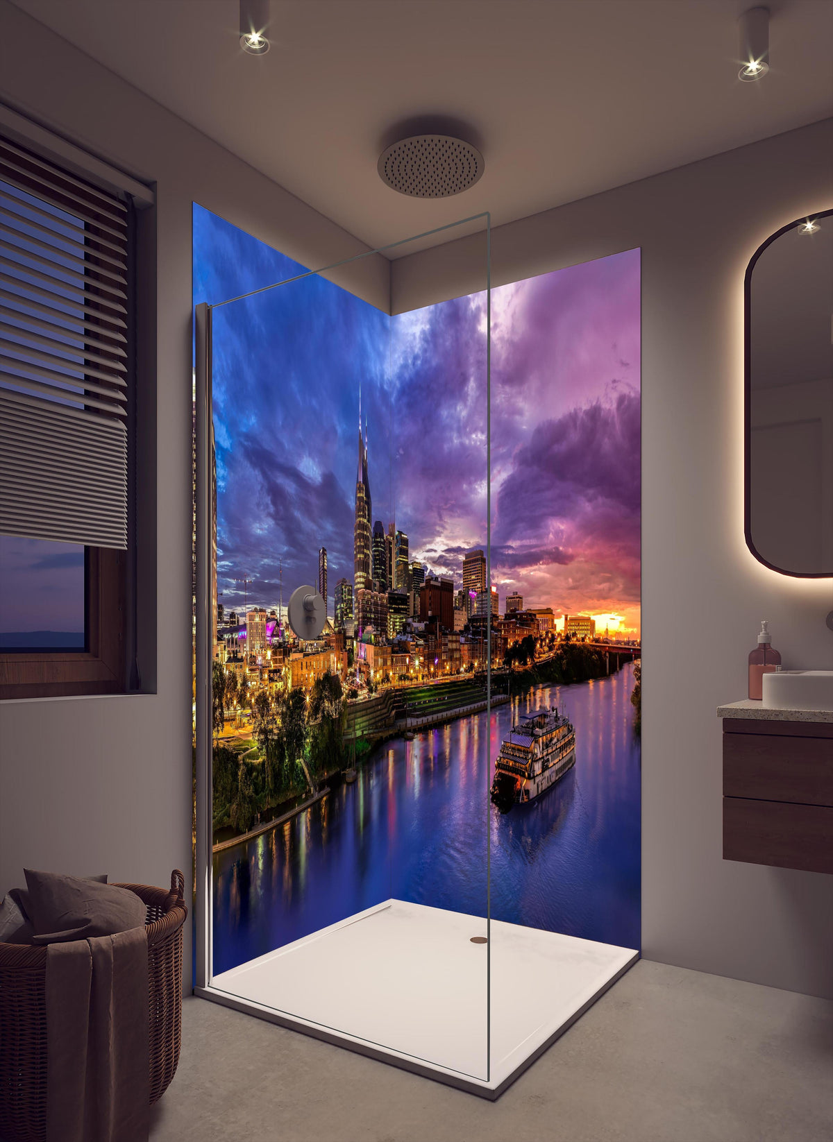 Duschrückwand - Bunte Skyline von Nashville in cremefarbenem Badezimmer mit Regenduschkopf
