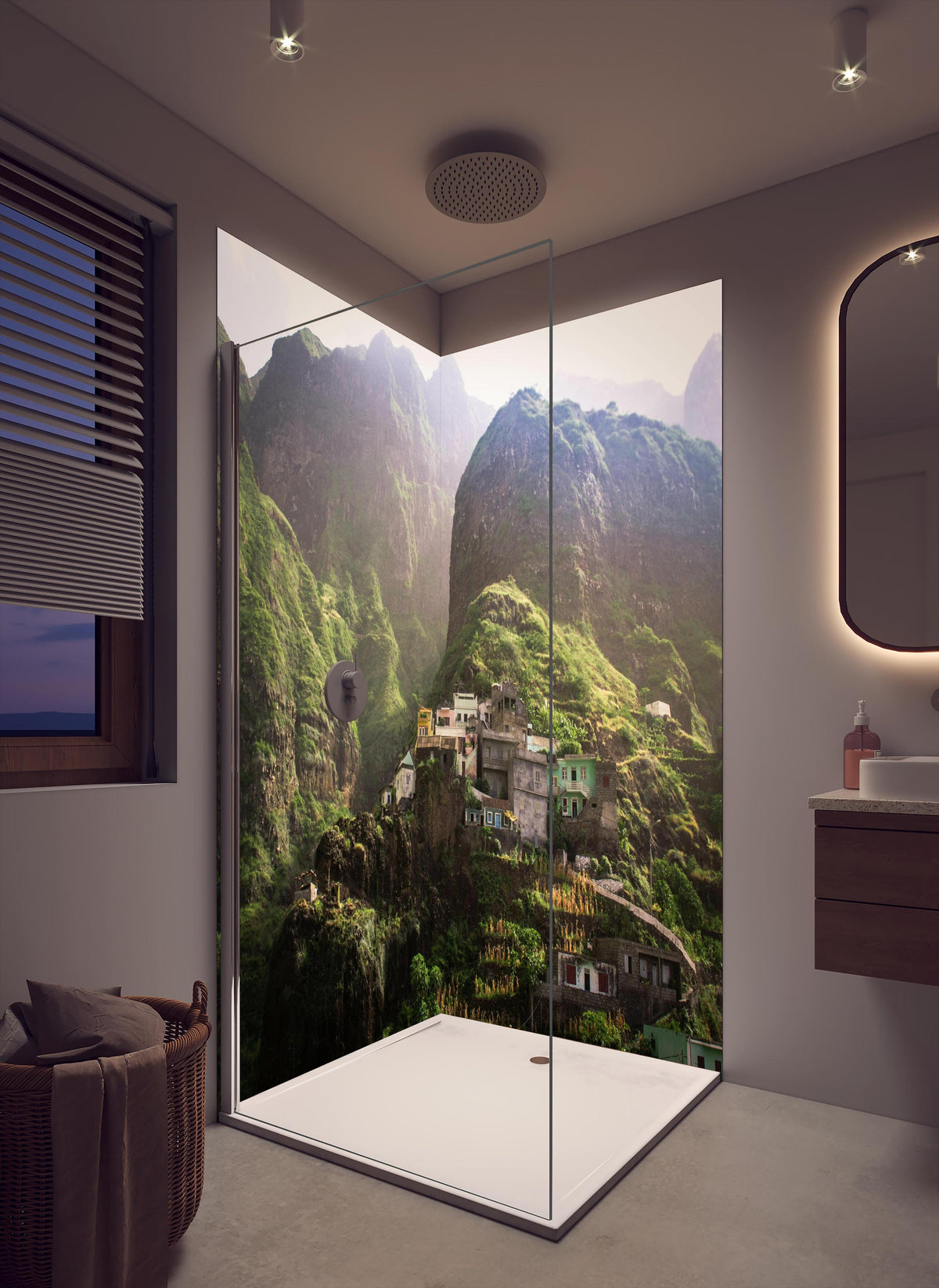 Duschrückwand - Fontainhas Landschaft in cremefarbenem Badezimmer mit Regenduschkopf