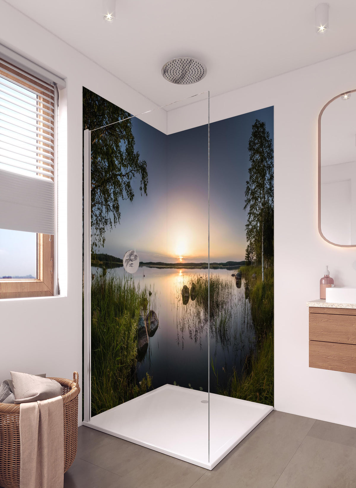 Duschrückwand - Landschaft in der Dämmerung - Sonnenuntergang in hellem Badezimmer mit Regenduschkopf - zweiteilige Eck-Duschrückwand