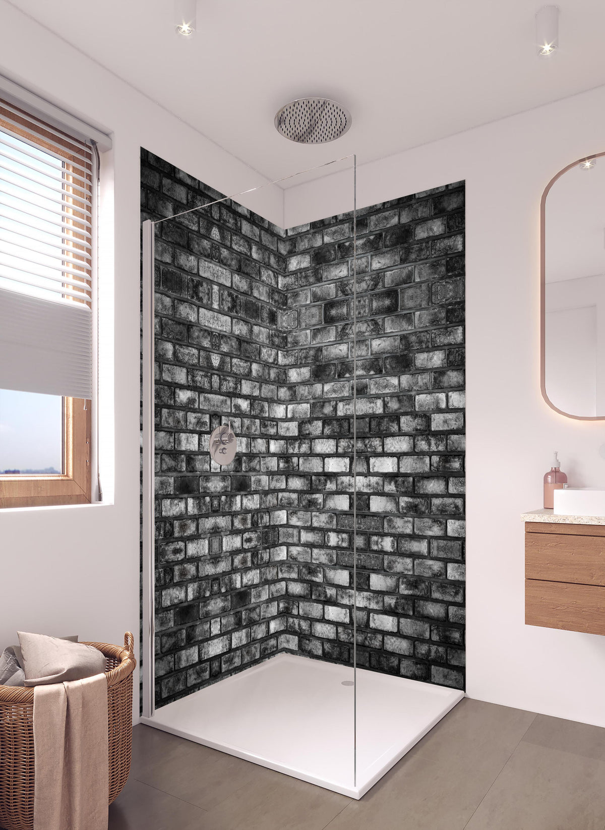 Duschrückwand - Metallische Steinstruktur in hellem Badezimmer mit Regenduschkopf - zweiteilige Eck-Duschrückwand