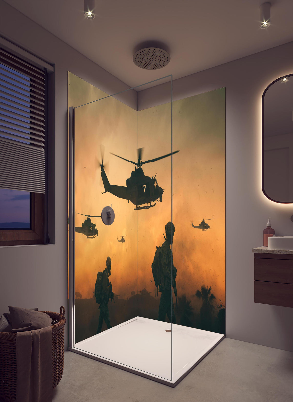 Duschrückwand - Militär und Hubschrauber auf dem Weg zum Schlachtfeld in cremefarbenem Badezimmer mit Regenduschkopf
