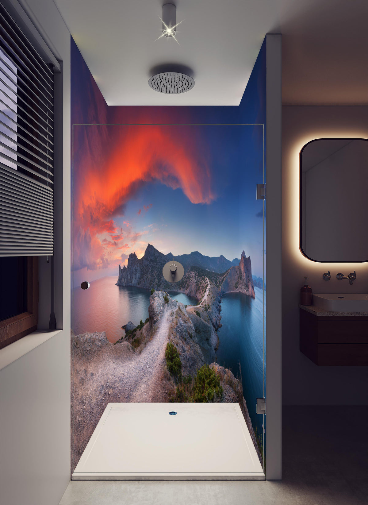 Duschrückwand - Schöne Panoramalandschaft mit Bergen in luxuriöser Dusche mit Regenduschkopf