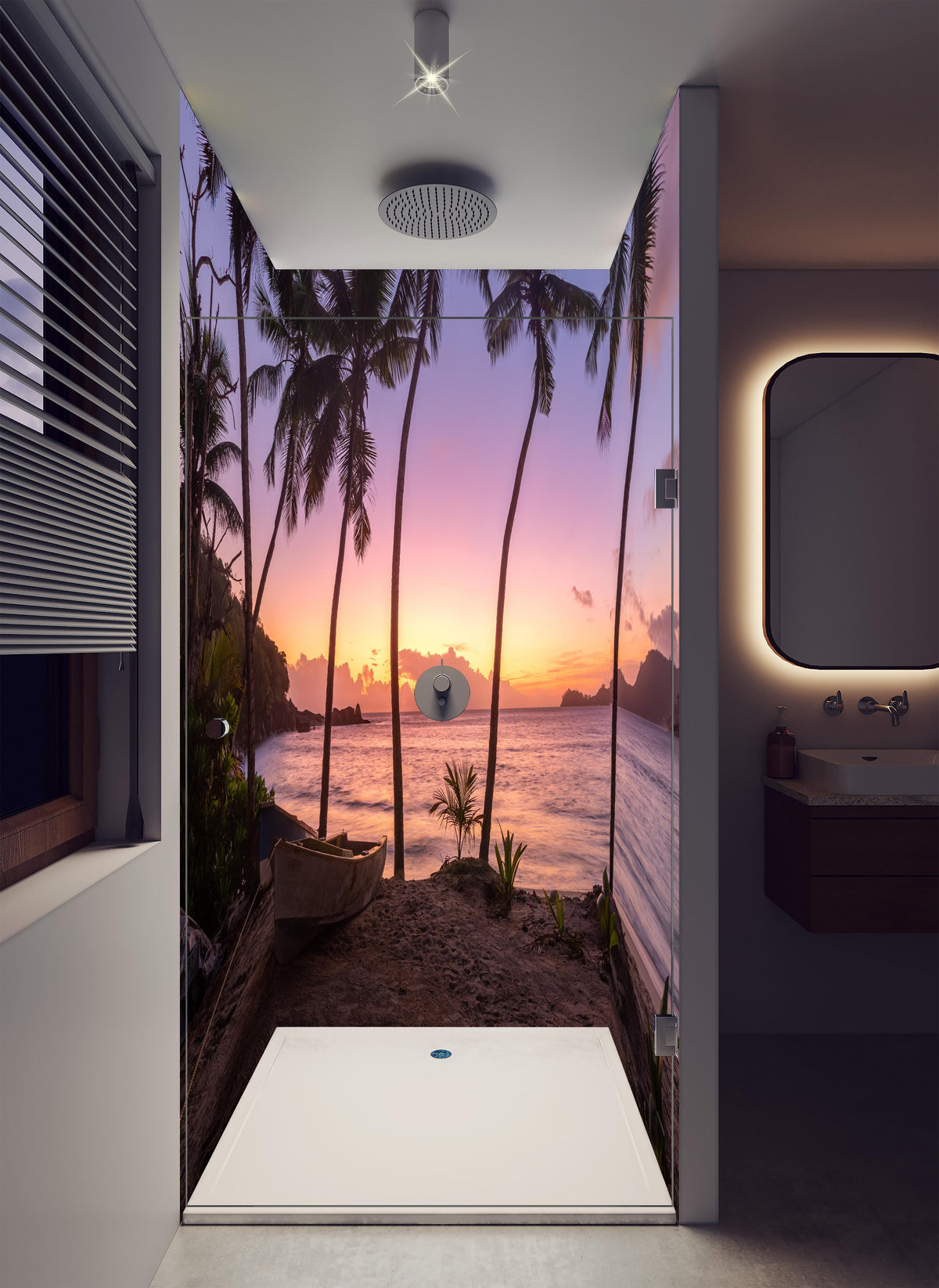 Duschrückwand - Sonnenuntergang am Strand Anse Takamaka in luxuriöser Dusche mit Regenduschkopf