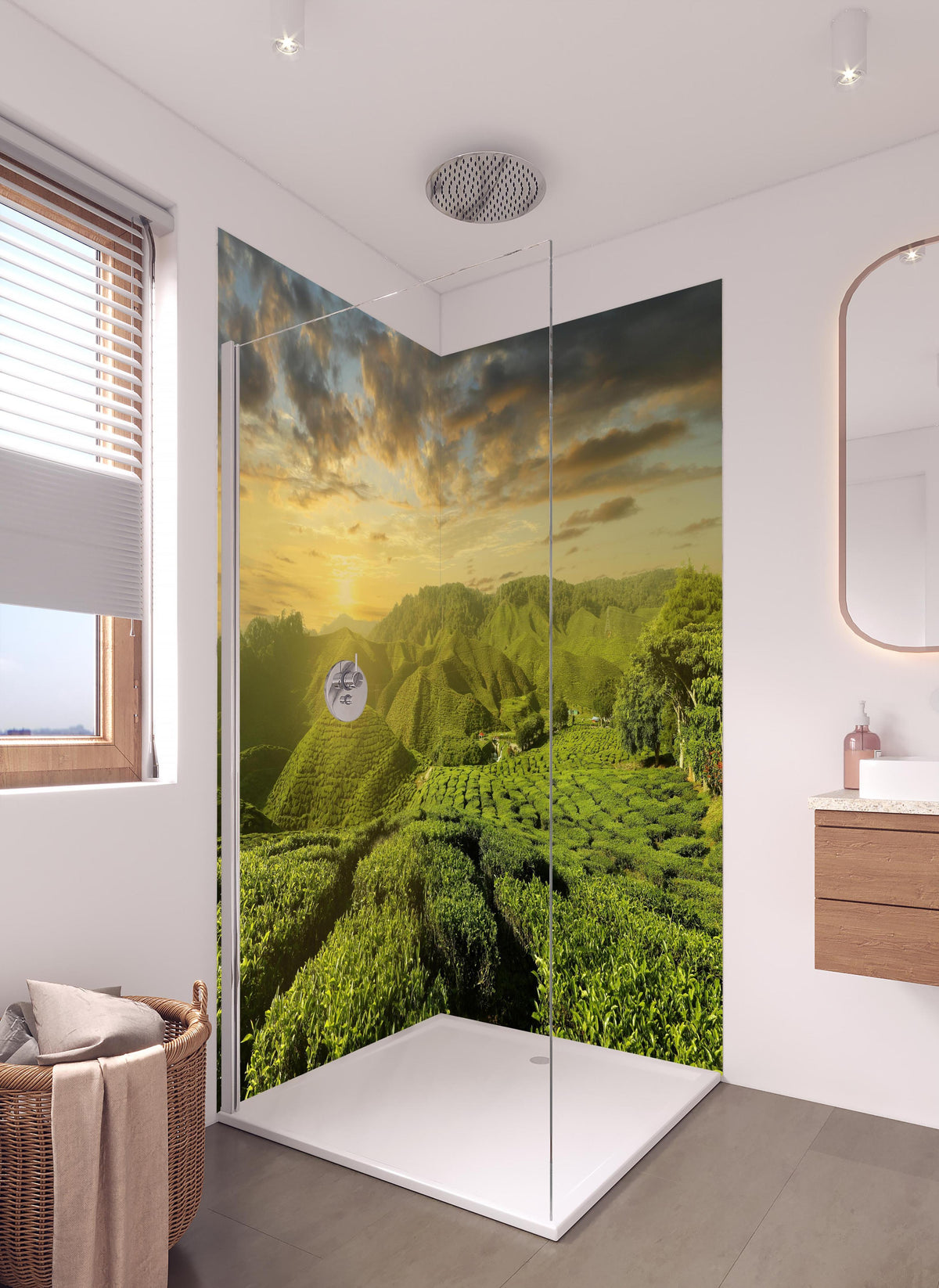 Duschrückwand - Teeplantage in Malaysia in hellem Badezimmer mit Regenduschkopf - zweiteilige Eck-Duschrückwand