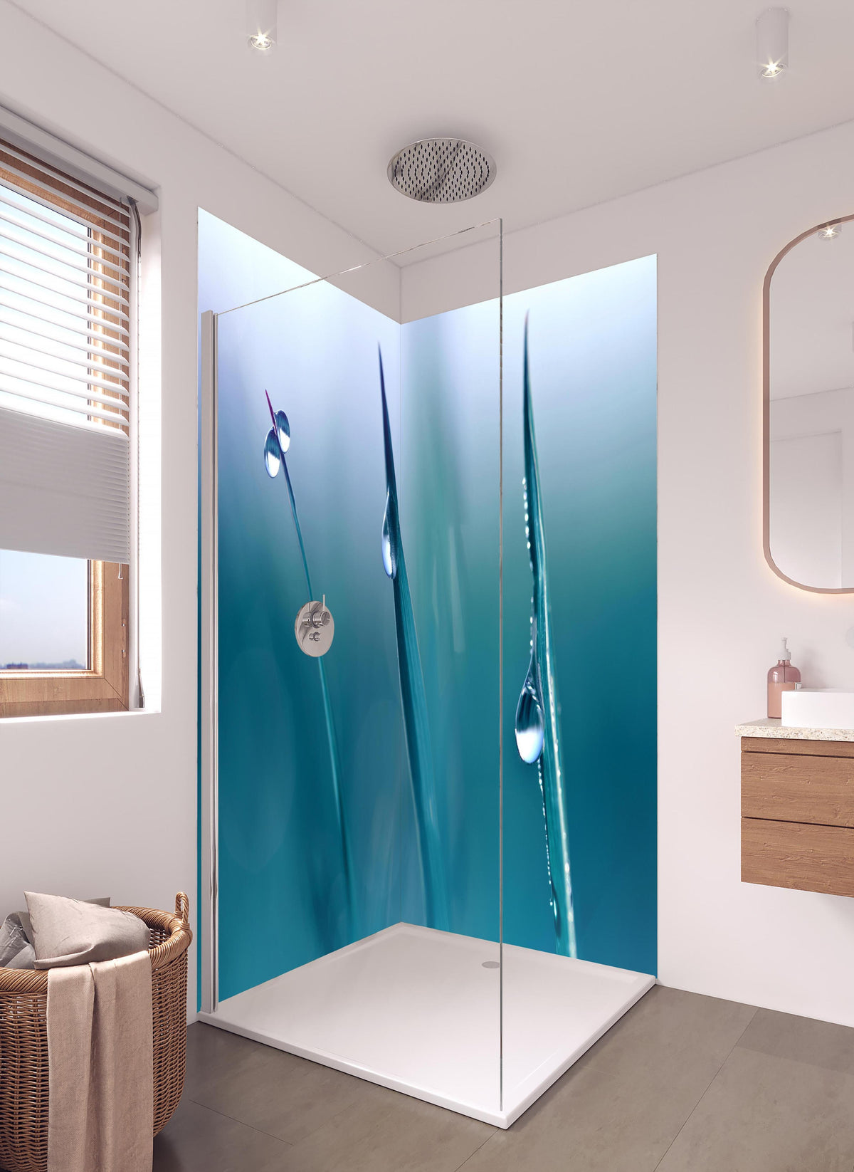 Duschrückwand - Transparente Tautropfen in hellem Badezimmer mit Regenduschkopf - zweiteilige Eck-Duschrückwand