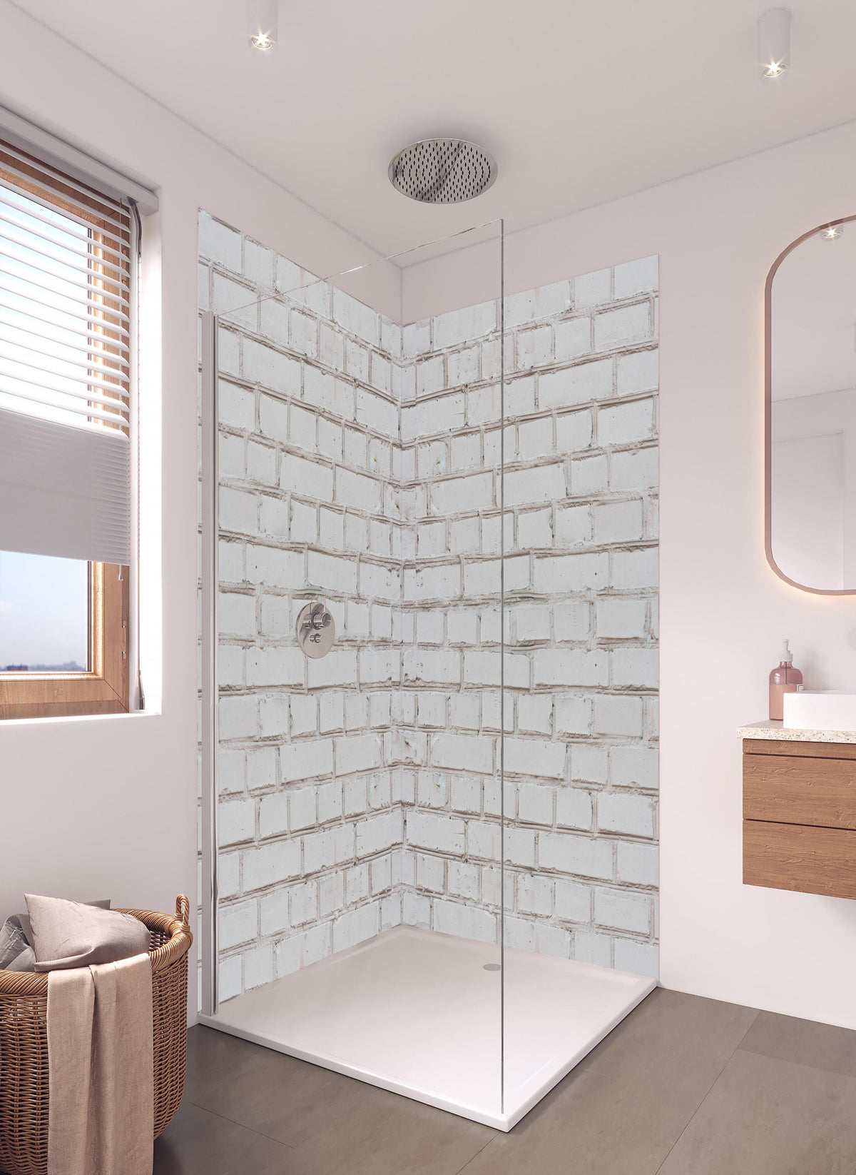 Duschrückwand - Weiß-Beige Ziegelsteinmauer in hellem Badezimmer mit Regenduschkopf - zweiteilige Eck-Duschrückwand