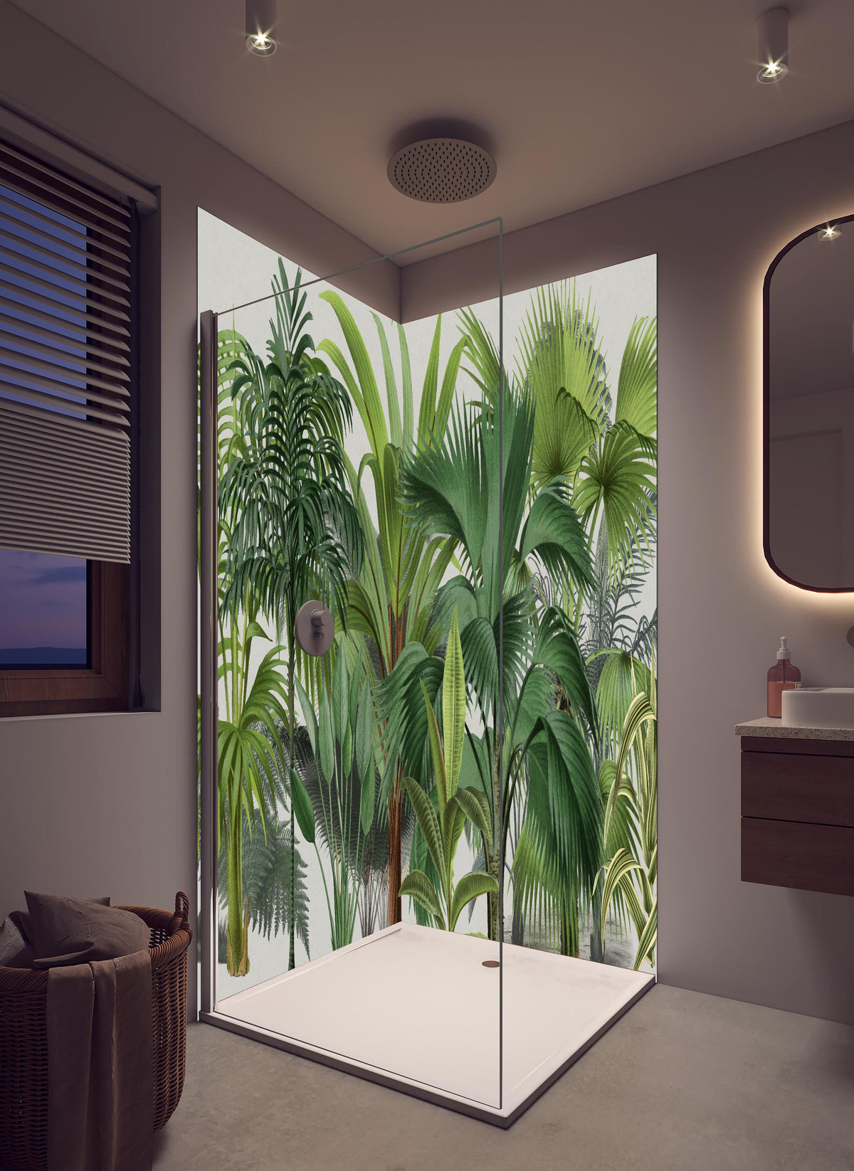 Duschrückwand - Exotische Bäume in hellem Badezimmer mit Regenduschkopf - zweiteilige Eck-Duschrückwand
