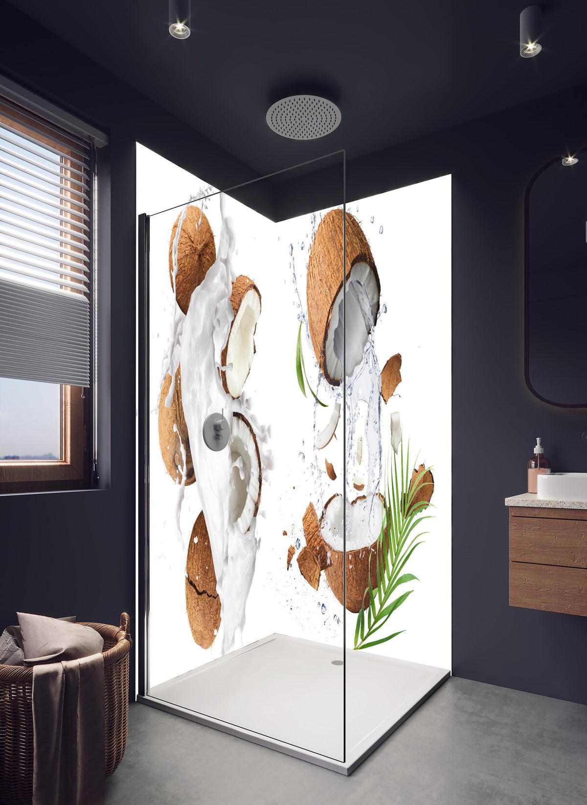 Duschrückwand - Frische Kokosnüsse in hellem Badezimmer mit Regenduschkopf - zweiteilige Eck-Duschrückwand