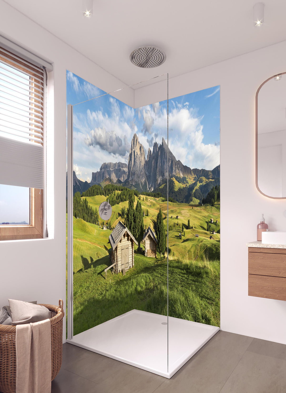Duschrückwand - Grüne Sommerwiesen vor Alpenpanorama in hellem Badezimmer mit Regenduschkopf - zweiteilige Eck-Duschrückwand