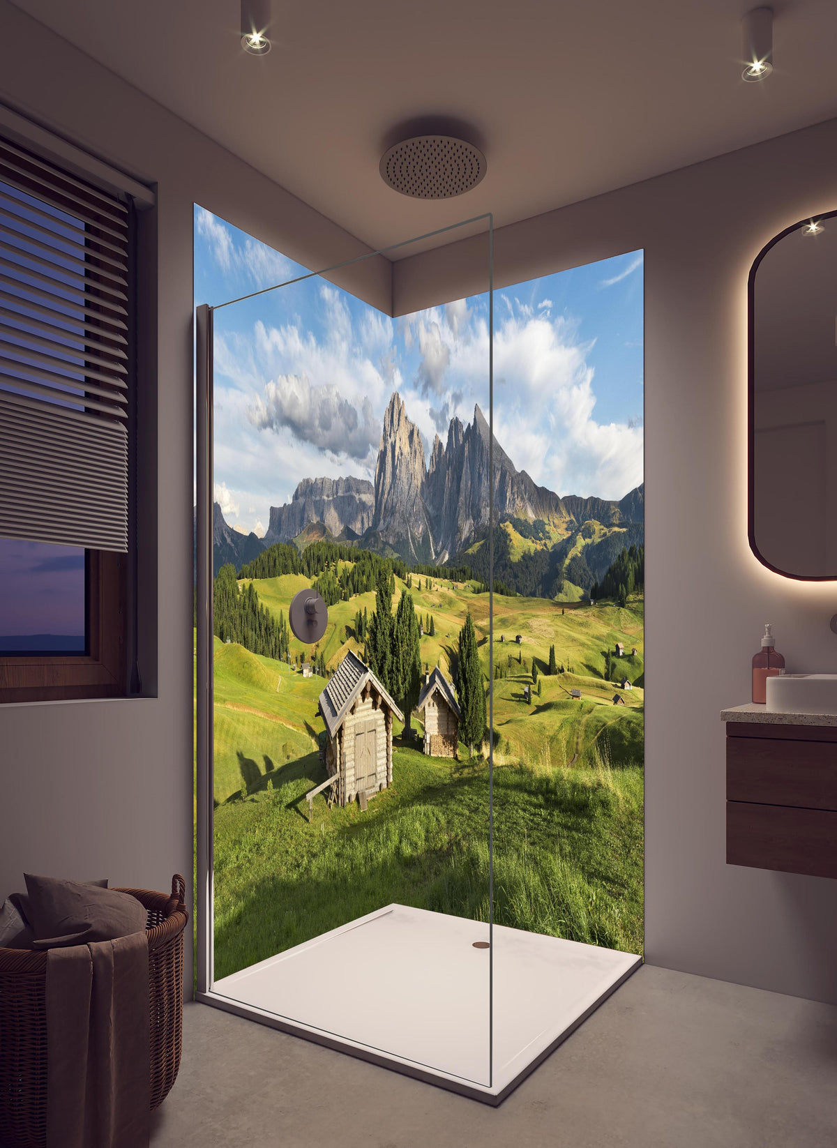 Duschrückwand - Grüne Sommerwiesen vor Alpenpanorama in hellem Badezimmer mit Regenduschkopf - zweiteilige Eck-Duschrückwand