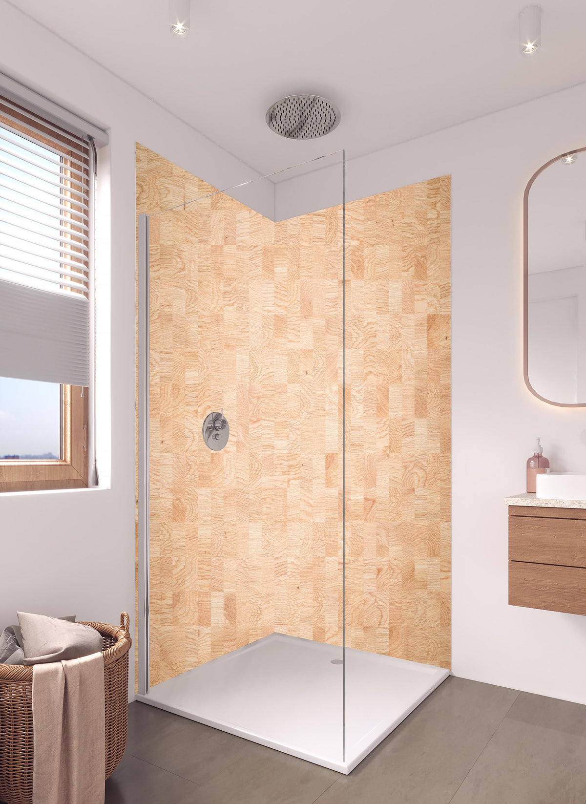 Duschrückwand - Holztextur aus Eschenholz in hellem Badezimmer mit Regenduschkopf - zweiteilige Eck-Duschrückwand