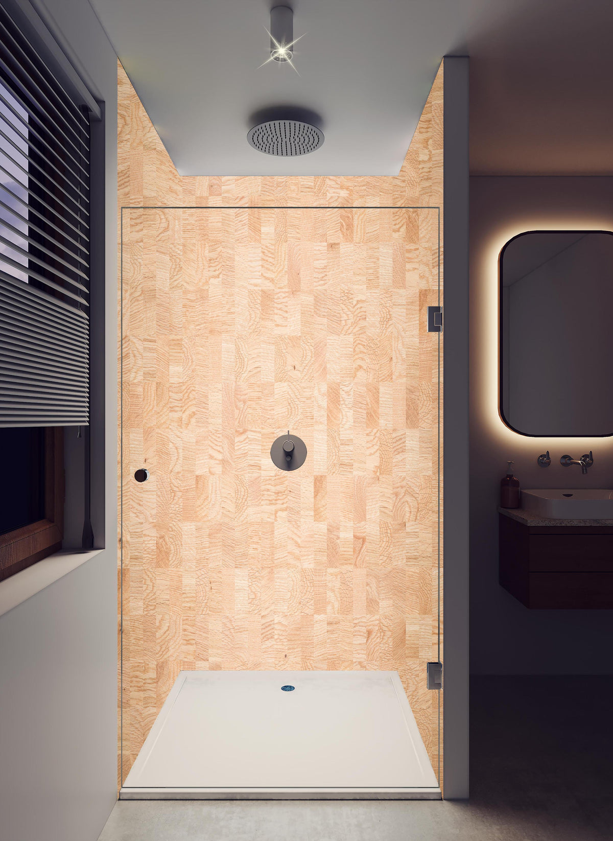 Duschrückwand - Holztextur aus Eschenholz in hellem Badezimmer mit Regenduschkopf - zweiteilige Eck-Duschrückwand