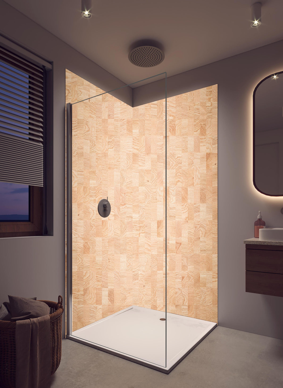 Duschrückwand - Holztextur aus Eschenholz in hellem Badezimmer mit Regenduschkopf - zweiteilige Eck-Duschrückwand