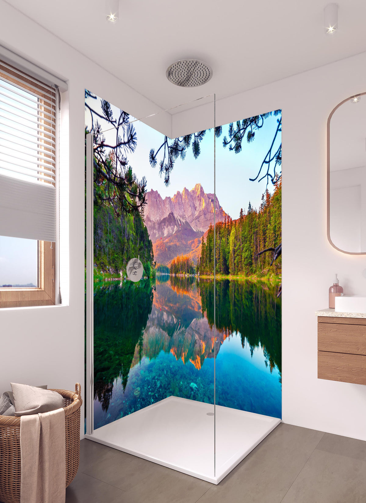 Duschrückwand - Idyllischer Sommermorgen am Eibsee in hellem Badezimmer mit Regenduschkopf - zweiteilige Eck-Duschrückwand