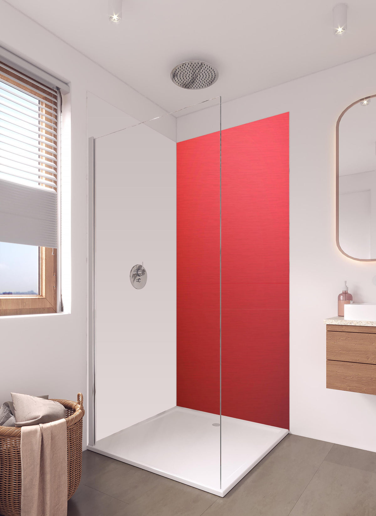 Duschrückwand - Intensives Uniform Rot Texturloses Design in hellem Badezimmer mit Regenduschkopf - zweiteilige Eck-Duschrückwand