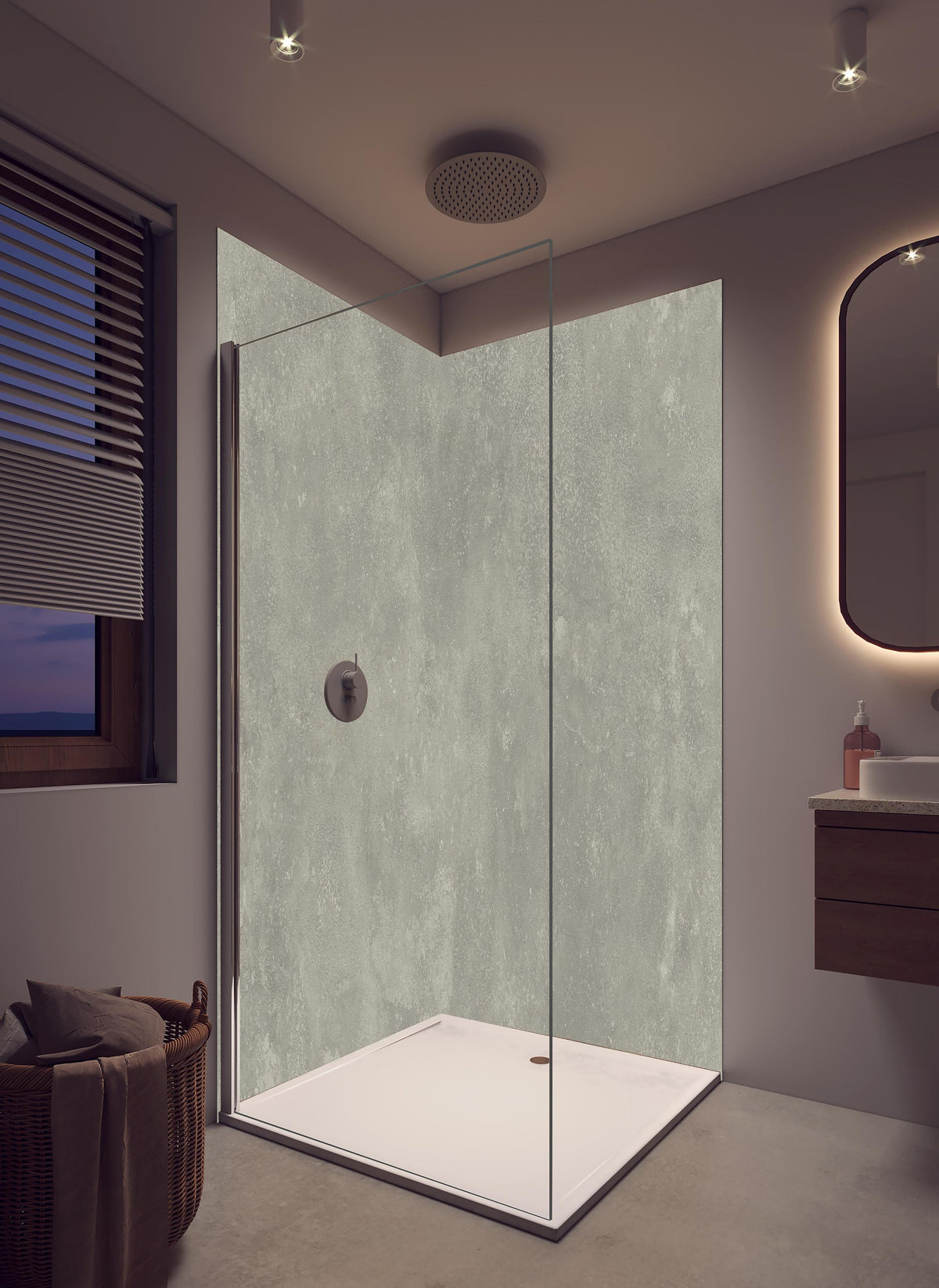 Duschrückwand - Keramik Urban Grey in hellem Badezimmer mit Regenduschkopf - zweiteilige Eck-Duschrückwand