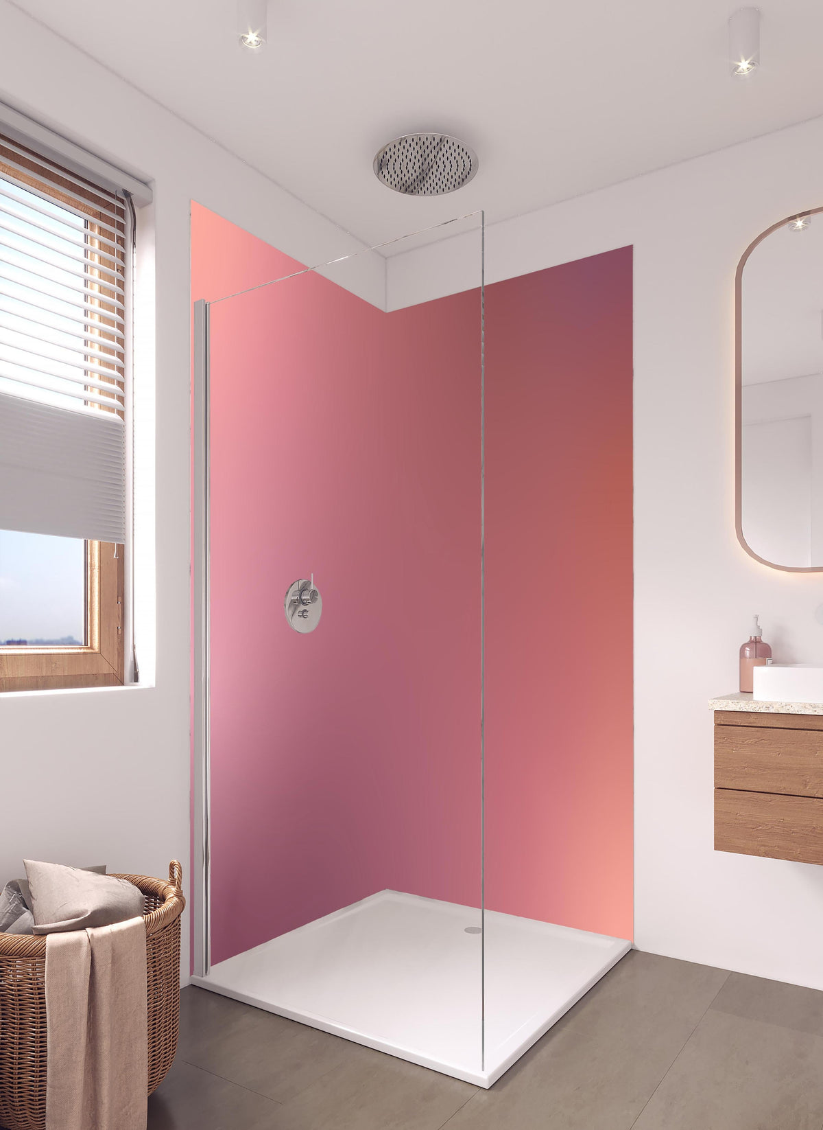 Duschrückwand - Moderne Farbe mit sanfter Textur in hellem Badezimmer mit Regenduschkopf - zweiteilige Eck-Duschrückwand