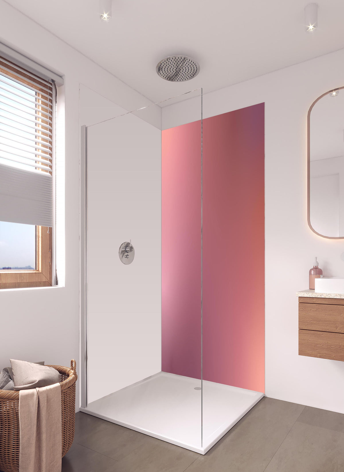 Duschrückwand - Moderne Farbe mit sanfter Textur in hellem Badezimmer mit Regenduschkopf - zweiteilige Eck-Duschrückwand