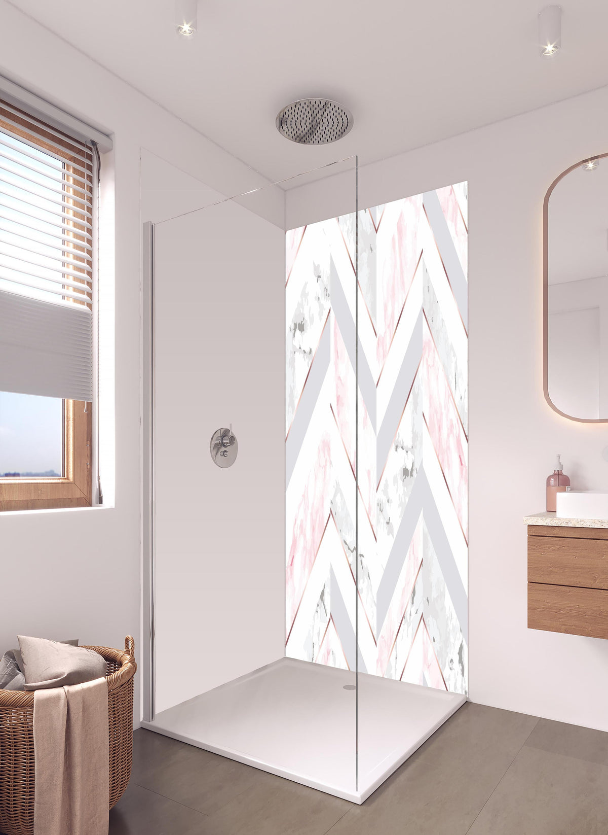 Duschrückwand - Moderne Rosa-Weiße Marmortextur in hellem Badezimmer mit Regenduschkopf - zweiteilige Eck-Duschrückwand