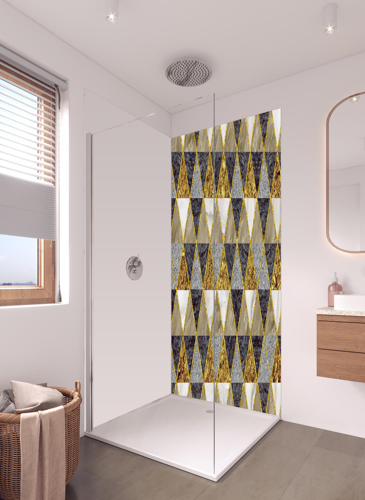 Duschrückwand - Moderne Wanddekoration - Mosaik in hellem Badezimmer mit Regenduschkopf - zweiteilige Eck-Duschrückwand