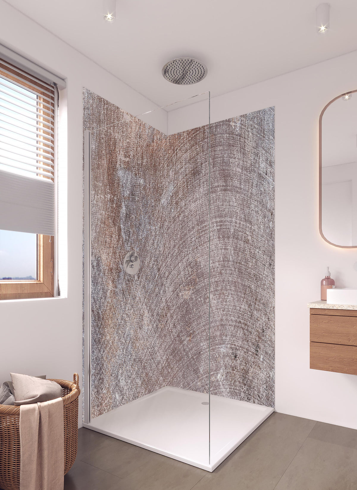 Duschrückwand - Moderne graue Marmor Betontextur in hellem Badezimmer mit Regenduschkopf - zweiteilige Eck-Duschrückwand