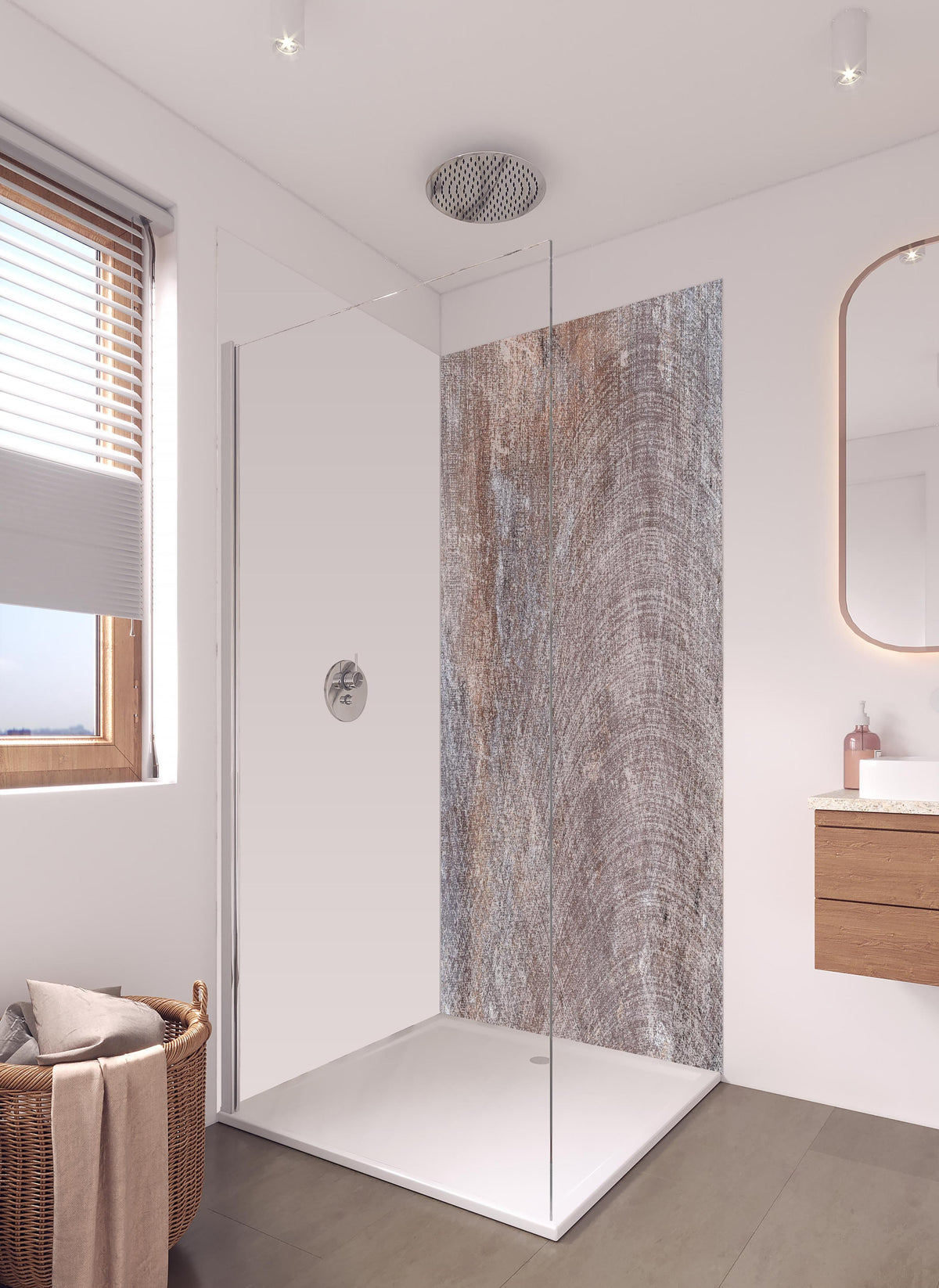 Duschrückwand - Moderne graue Marmor Betontextur in hellem Badezimmer mit Regenduschkopf - zweiteilige Eck-Duschrückwand