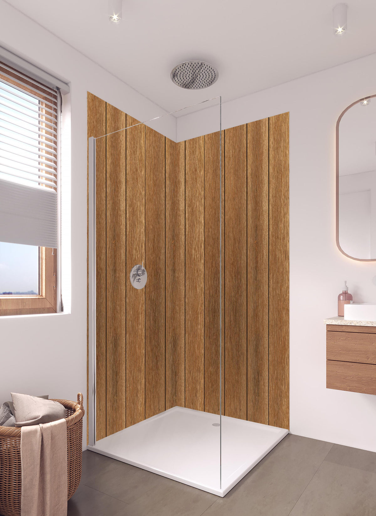 Duschrückwand - Natürliche satte bräunliche Holzplanken in hellem Badezimmer mit Regenduschkopf - zweiteilige Eck-Duschrückwand
