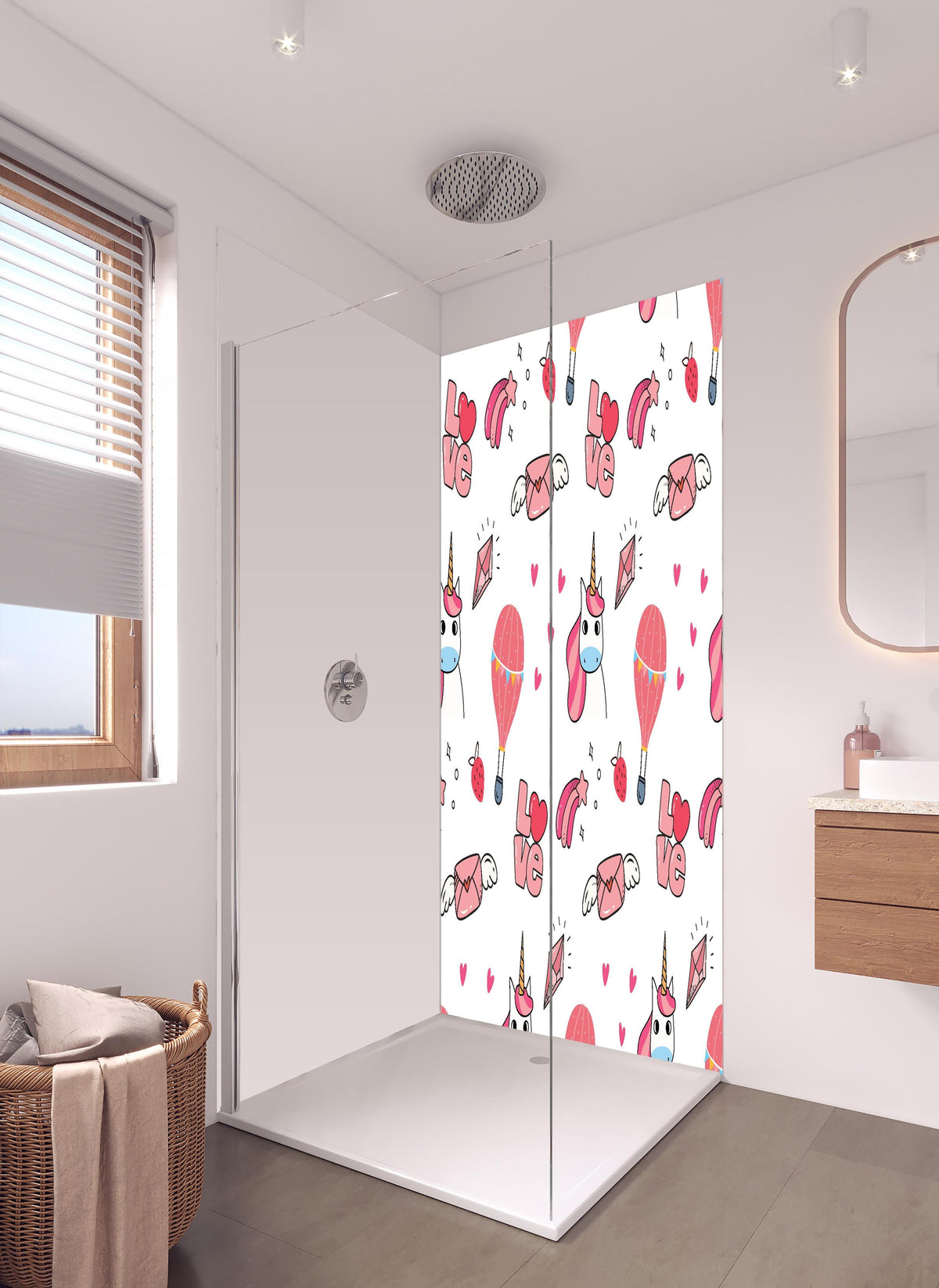 Duschrückwand - Niedliches Einhorn Liebe Muster Design in hellem Badezimmer mit Regenduschkopf - zweiteilige Eck-Duschrückwand