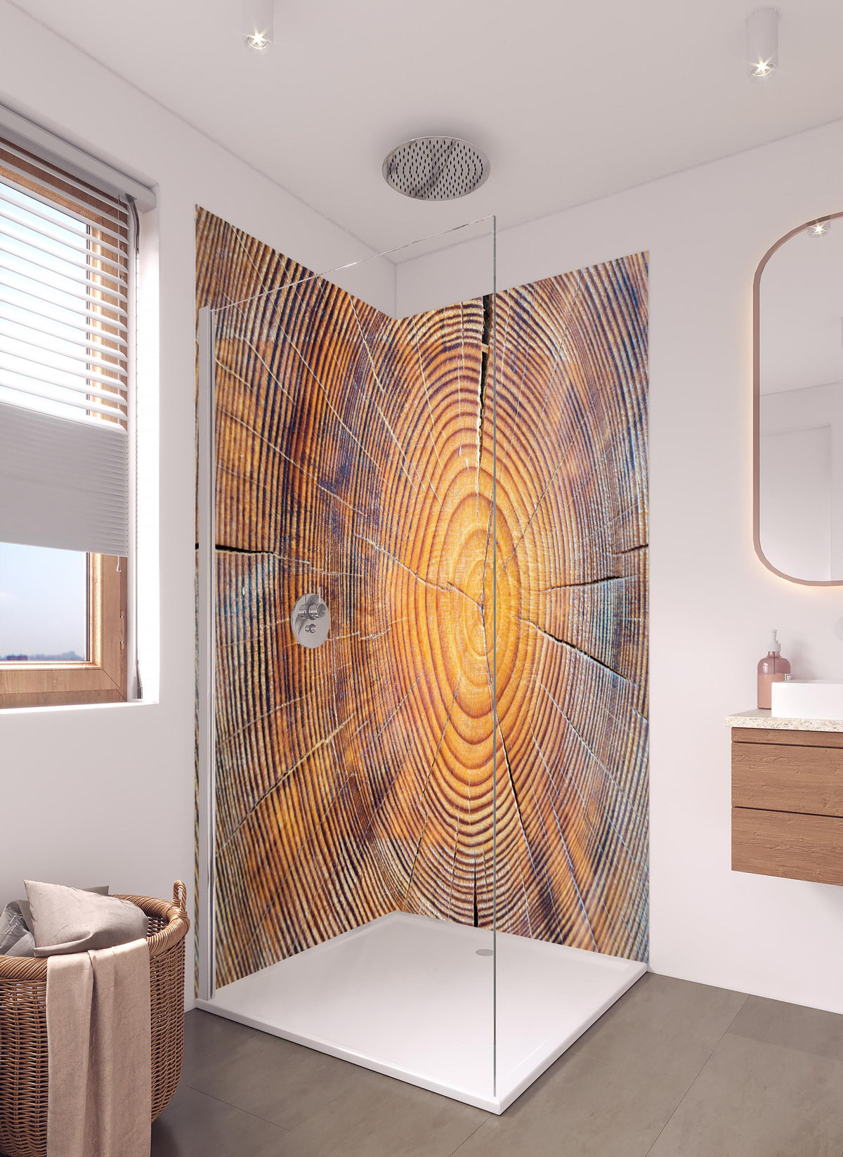 Duschrückwand - Rissiger Holzstumpf in hellem Badezimmer mit Regenduschkopf - zweiteilige Eck-Duschrückwand