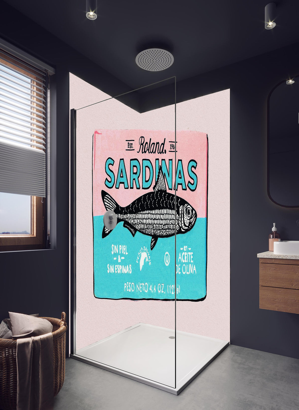 Duschrückwand - Roland Sardinas in hellem Badezimmer mit Regenduschkopf - zweiteilige Eck-Duschrückwand