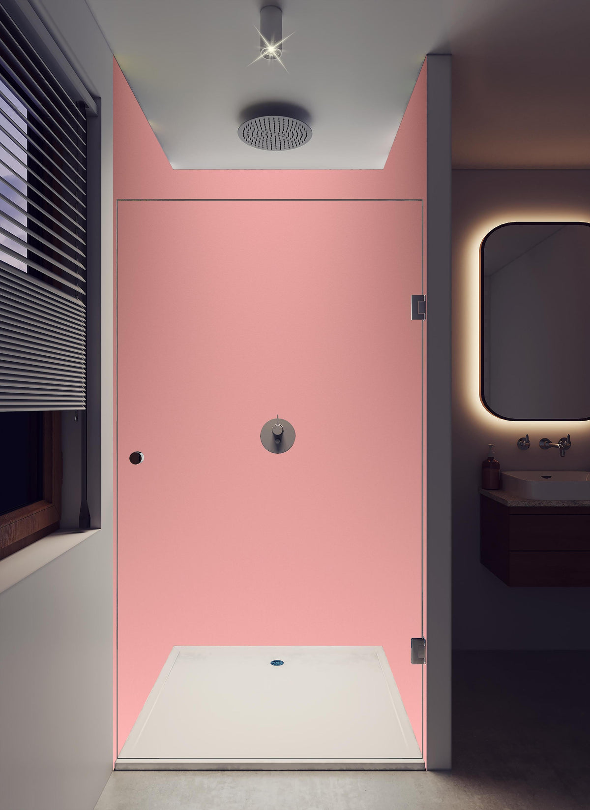 Duschrückwand - Rosa Oberfläche - Papiertextur in hellem Badezimmer mit Regenduschkopf - zweiteilige Eck-Duschrückwand