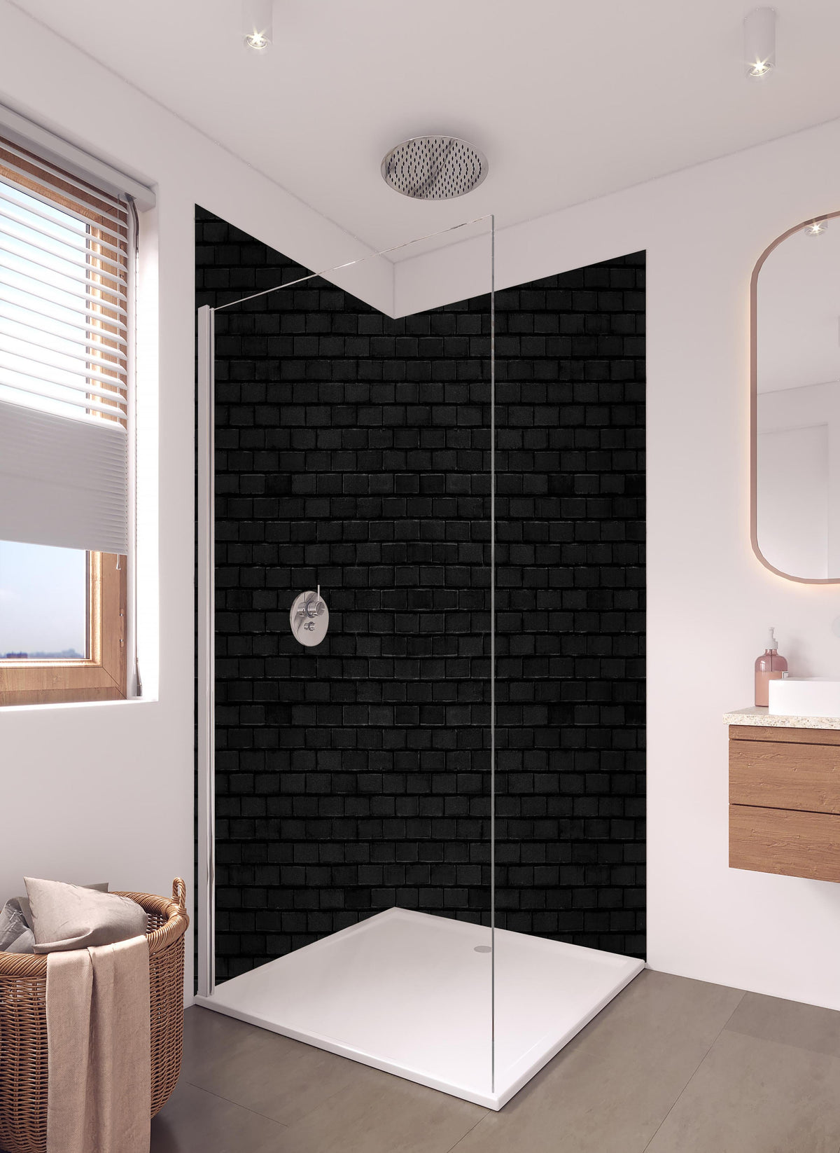 Duschrückwand - Schwarze Backsteinmauer 1 in hellem Badezimmer mit Regenduschkopf - zweiteilige Eck-Duschrückwand
