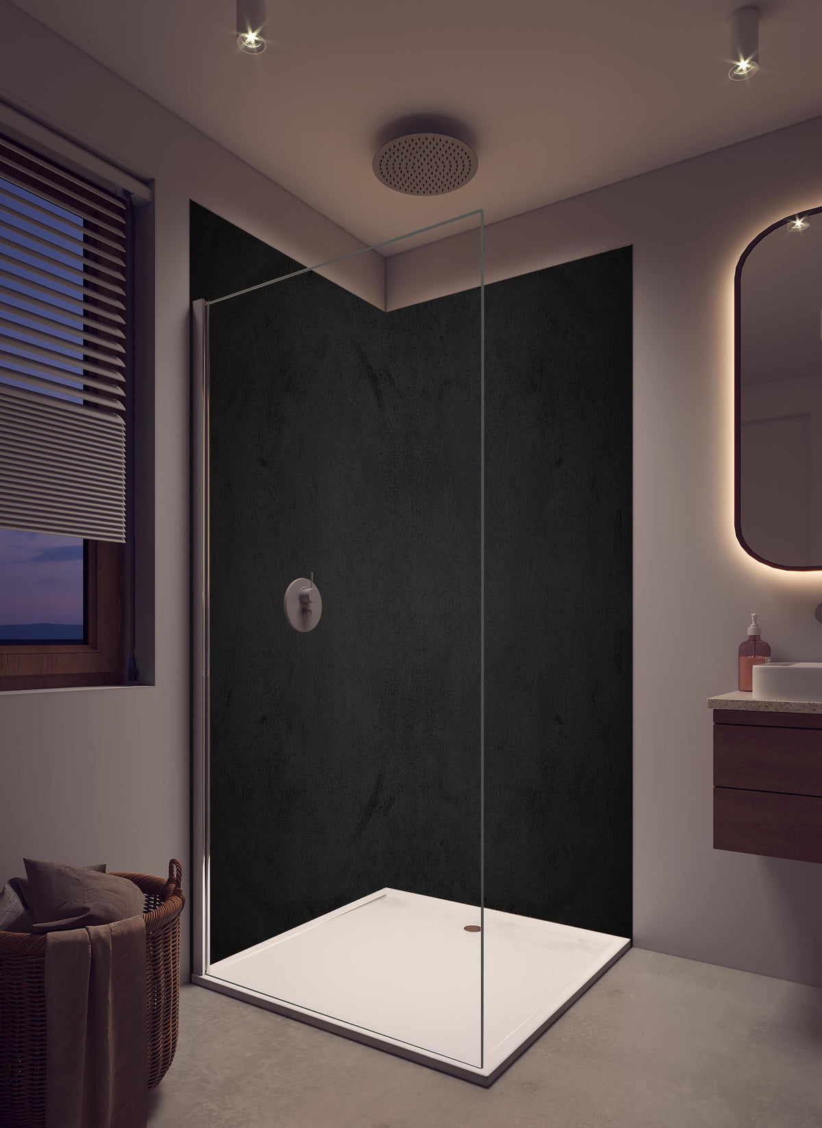 Duschrückwand - Schwarze anthrazit Textur in hellem Badezimmer mit Regenduschkopf - zweiteilige Eck-Duschrückwand